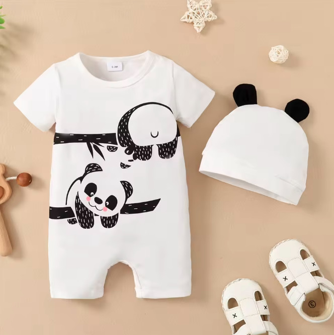 Newborn Baby Boy Romper Animal Panda Bear Short Sleeve Jumpsuit+Hat 2PCS Infant