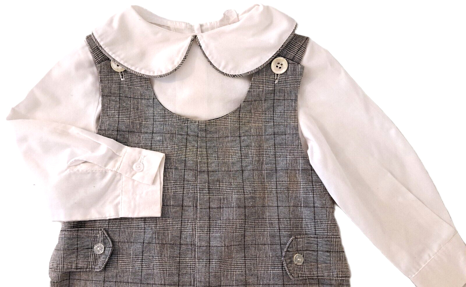 Boys vtg LAVENDER BLUE black white bouitque outfit 3T white shirt plaid romper