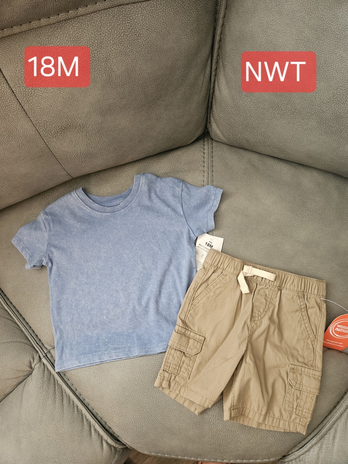 Wonder Nation 2pc Cotton Short Sleeve T-Shirt & Cargo Shorts Set 18M Blue/Beige