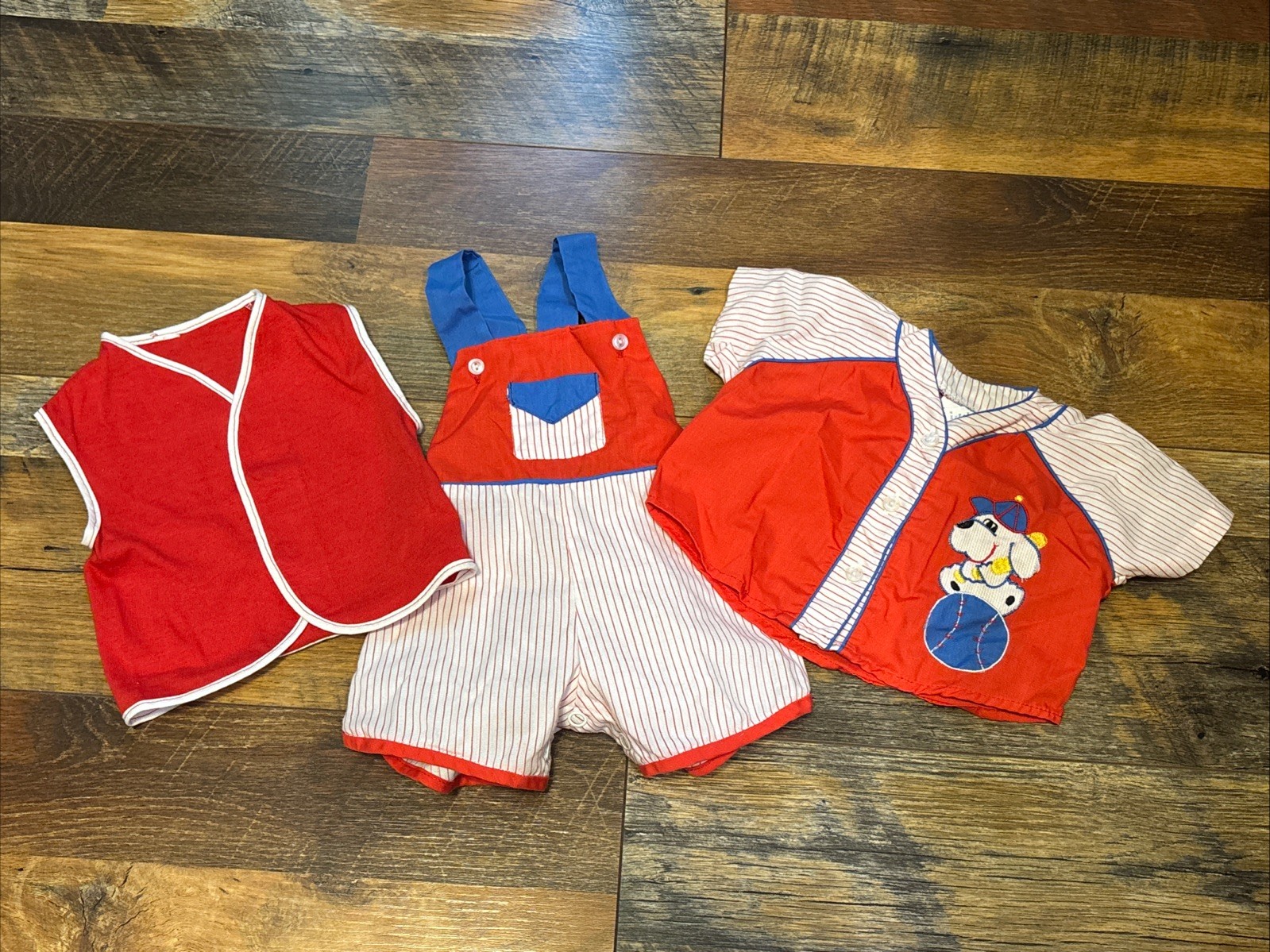 3 Piece Cradle Togs Vintage Baby Outfit Set Baseball Red White Sz 0-6 Months