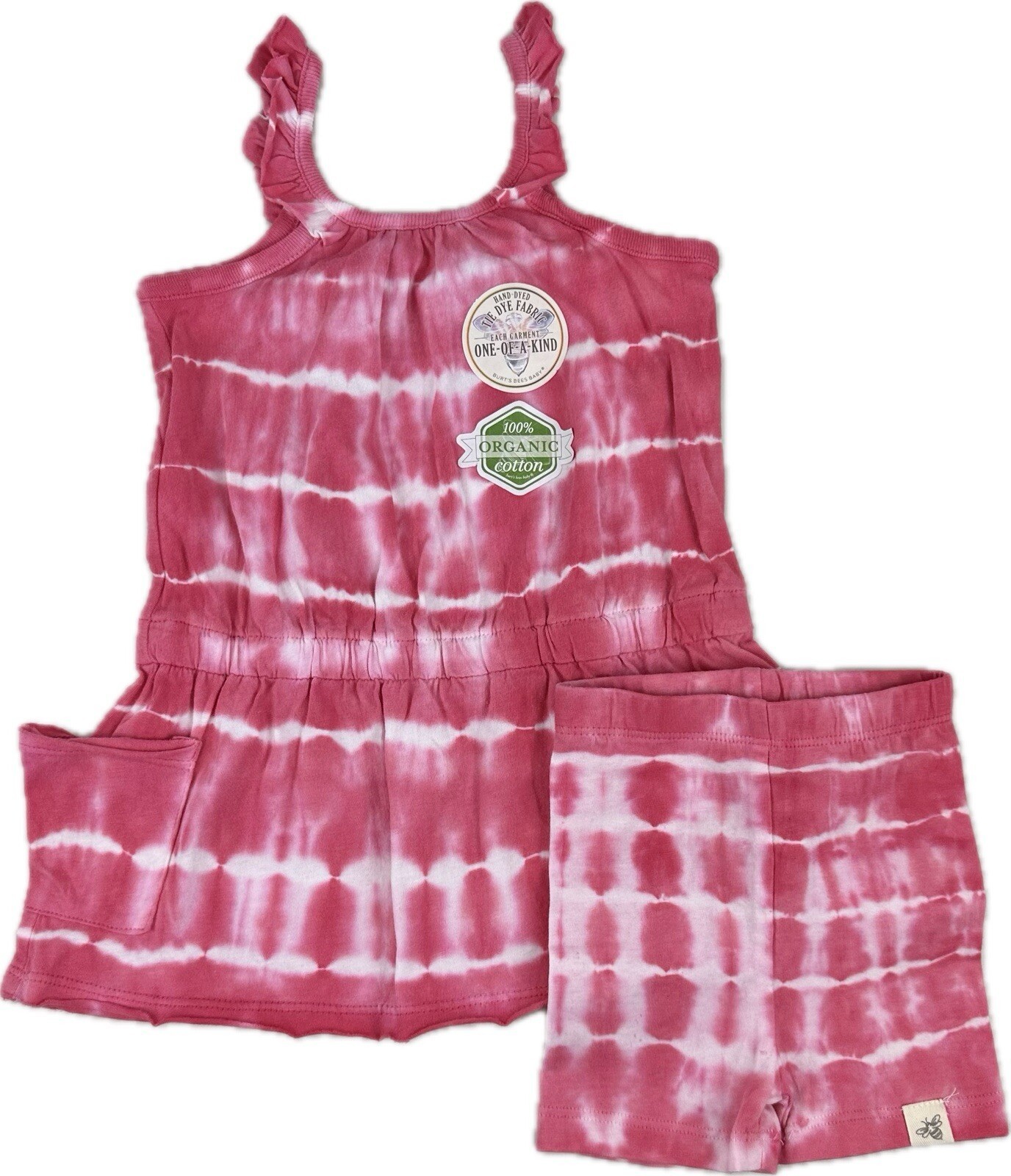 Burt’s Bees Baby 2 Pc Pink Cotton Ruffled Straps Shirt and Shorts Set Sz 6-9 MO