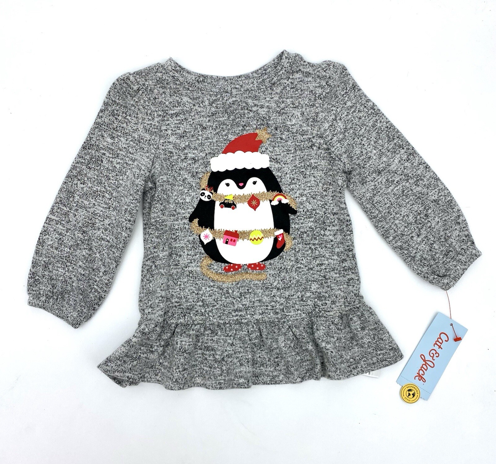 Cat & Jack 12 Mon Christmas Penguin Heather Gray Sparkles Girls’ Tunic Top NWT