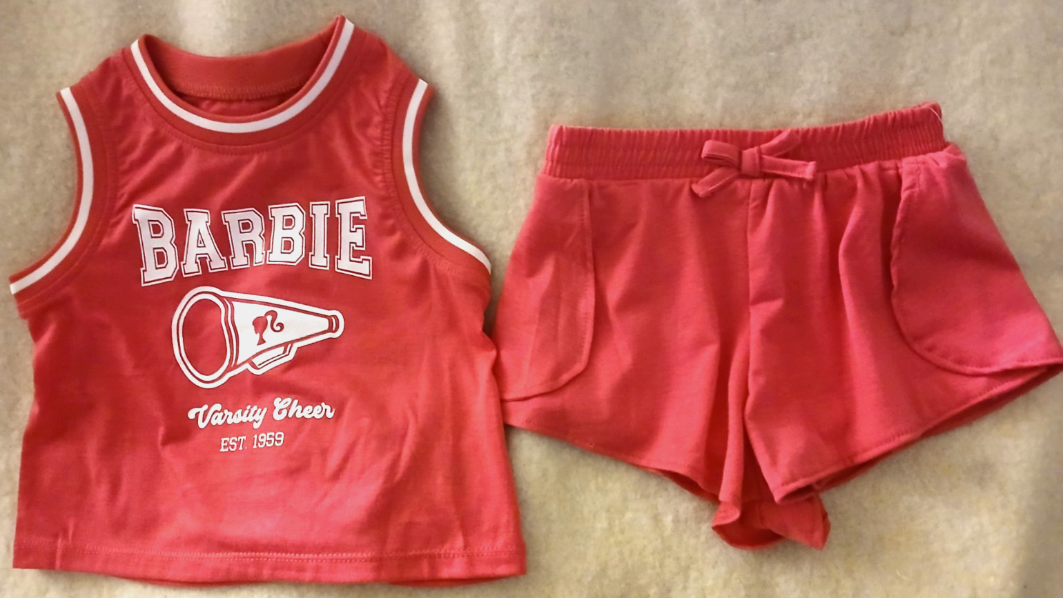 BARBIE VARSITY CHEER PINK & WHITE SHORTS/SKORT OUTFIT-SIZE 12 MONTHS-NEW