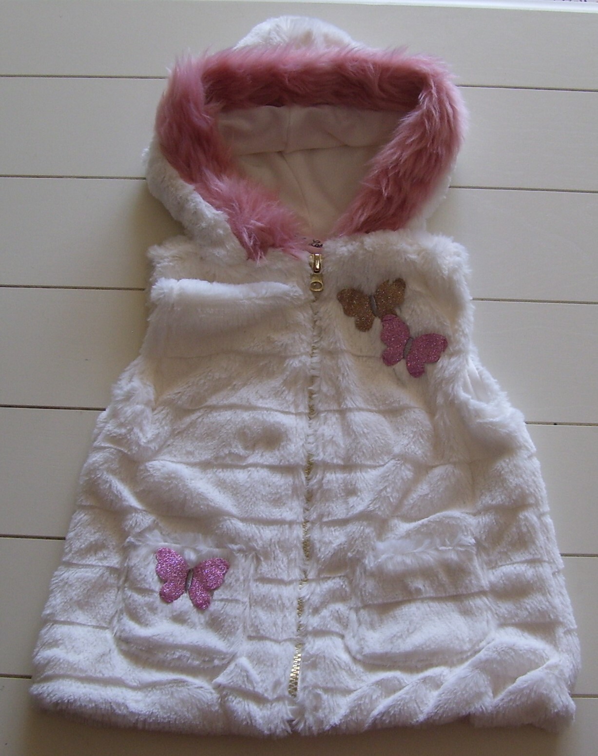 Little Lass 3 Pc Faux Fur Glitter Butterfly Hooded Vest LS Shirt Leggings 24M