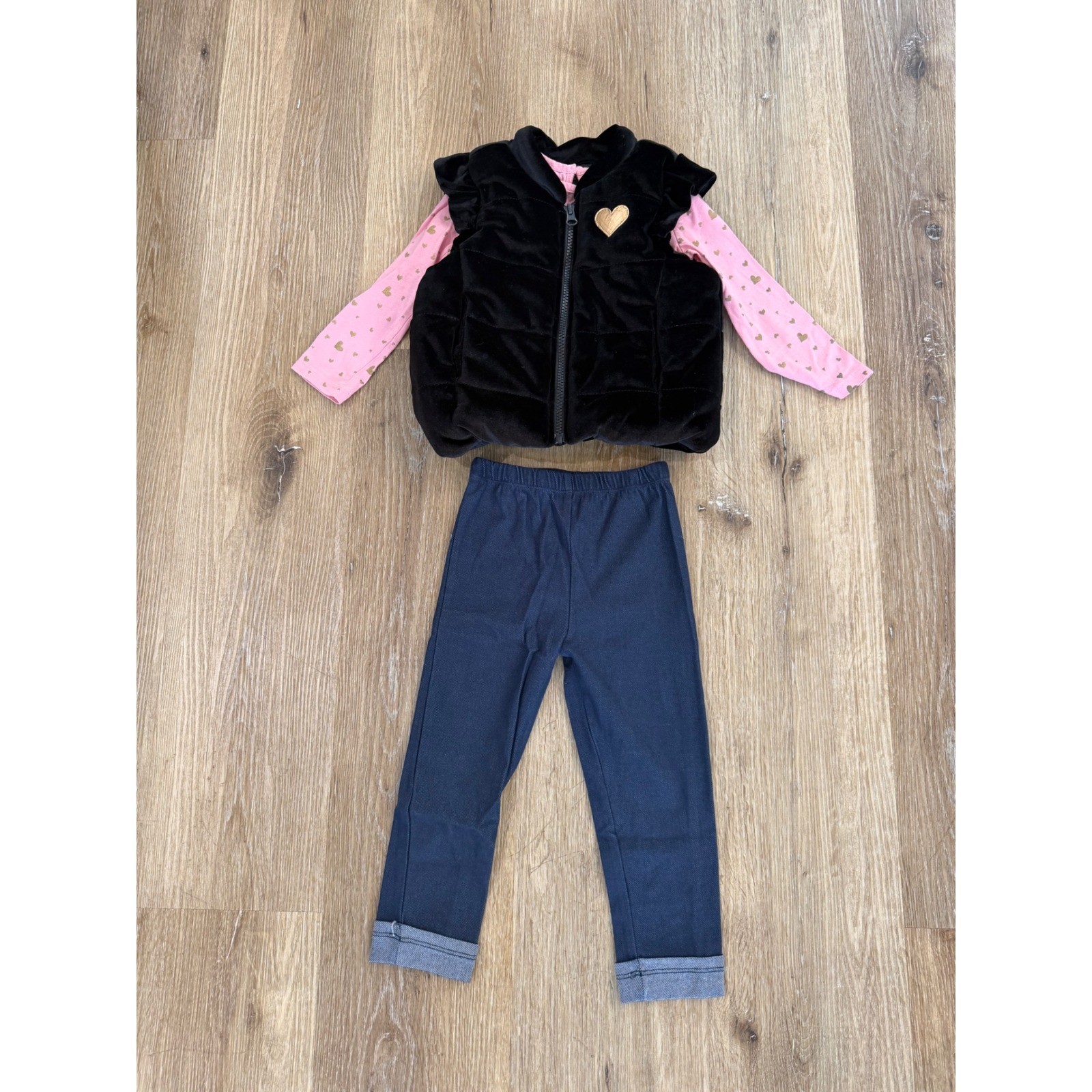Buffalo David Bitton Heart Vest Shirt Leggings Set Kids 2T Black Pink 3-Piece