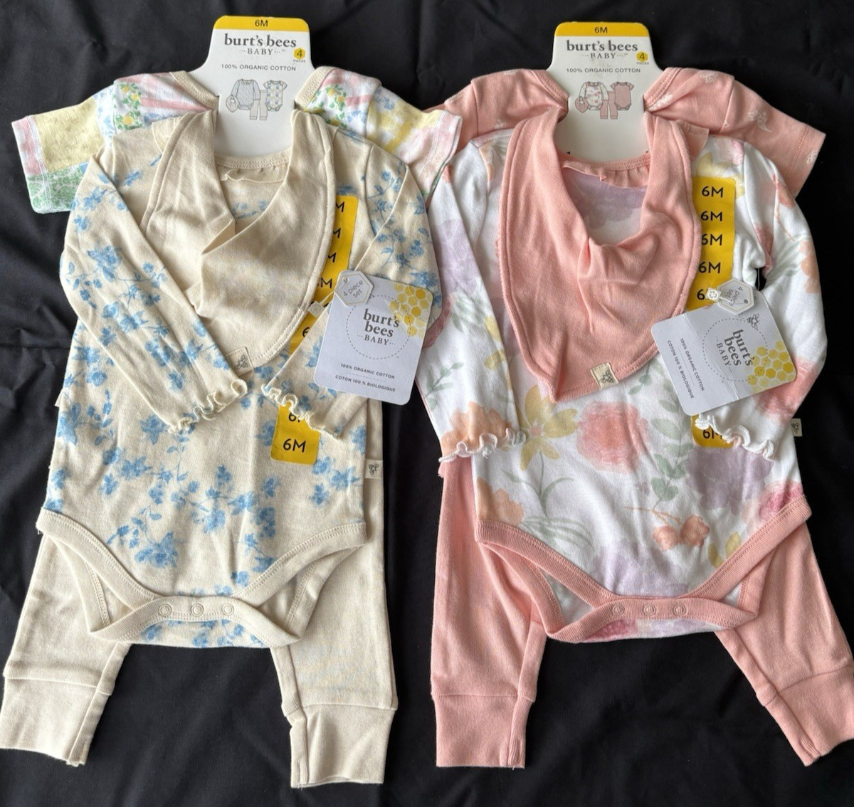 Burt’s Bees Baby Girl Lot – 2 Four-Piece Sets – Size 3-6Mo – Organic Cotton NEW