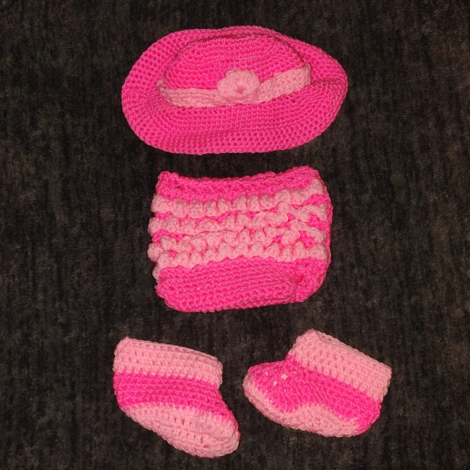 Hand Knitted Pink Crochet Baby Outfit Set Hat Booties Diaper Cover Acrylic