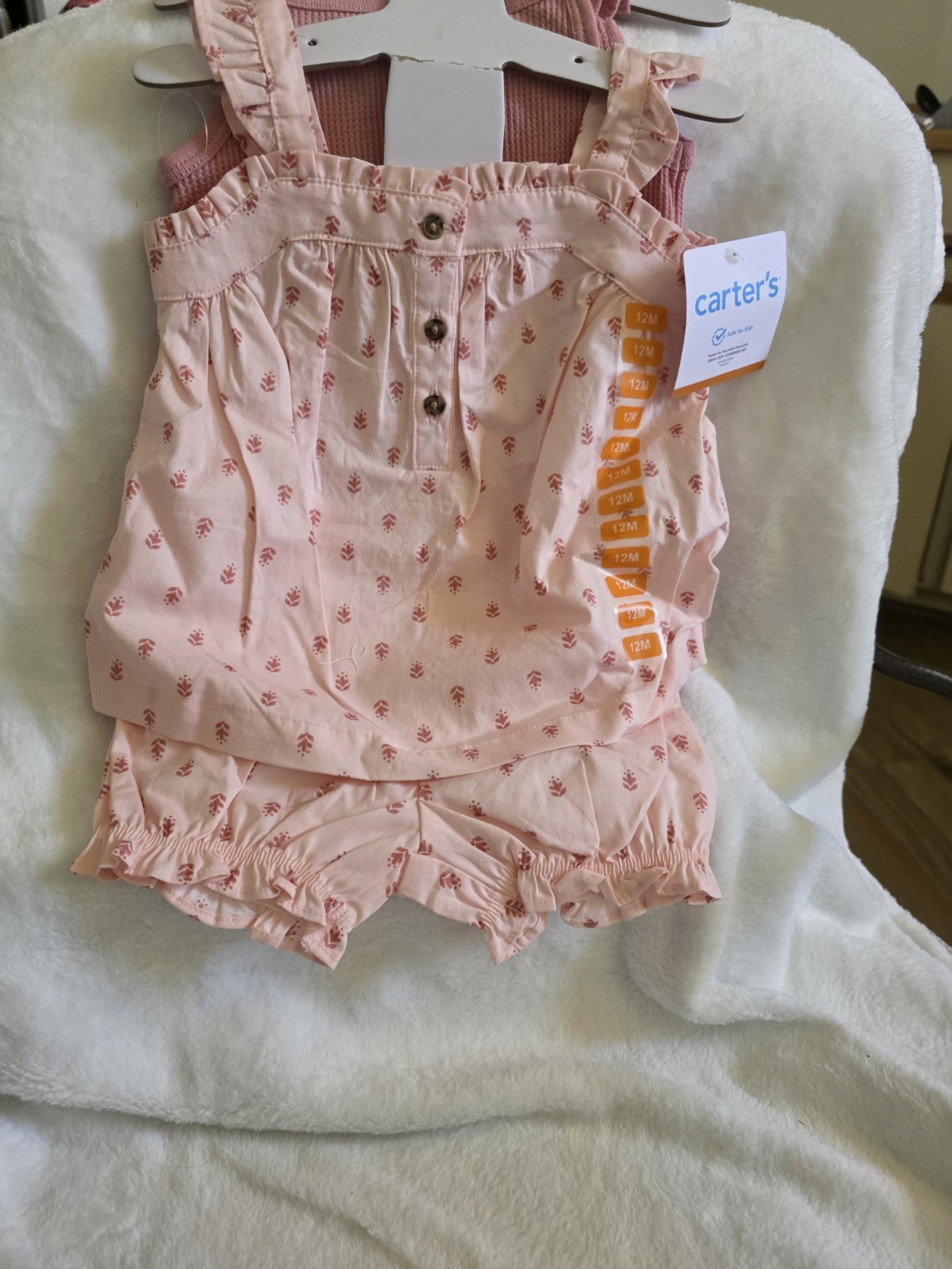 Carter’s Girls 12M 3pc Pink Floral Waffle Cotton Shorts Set Bodysuit Top