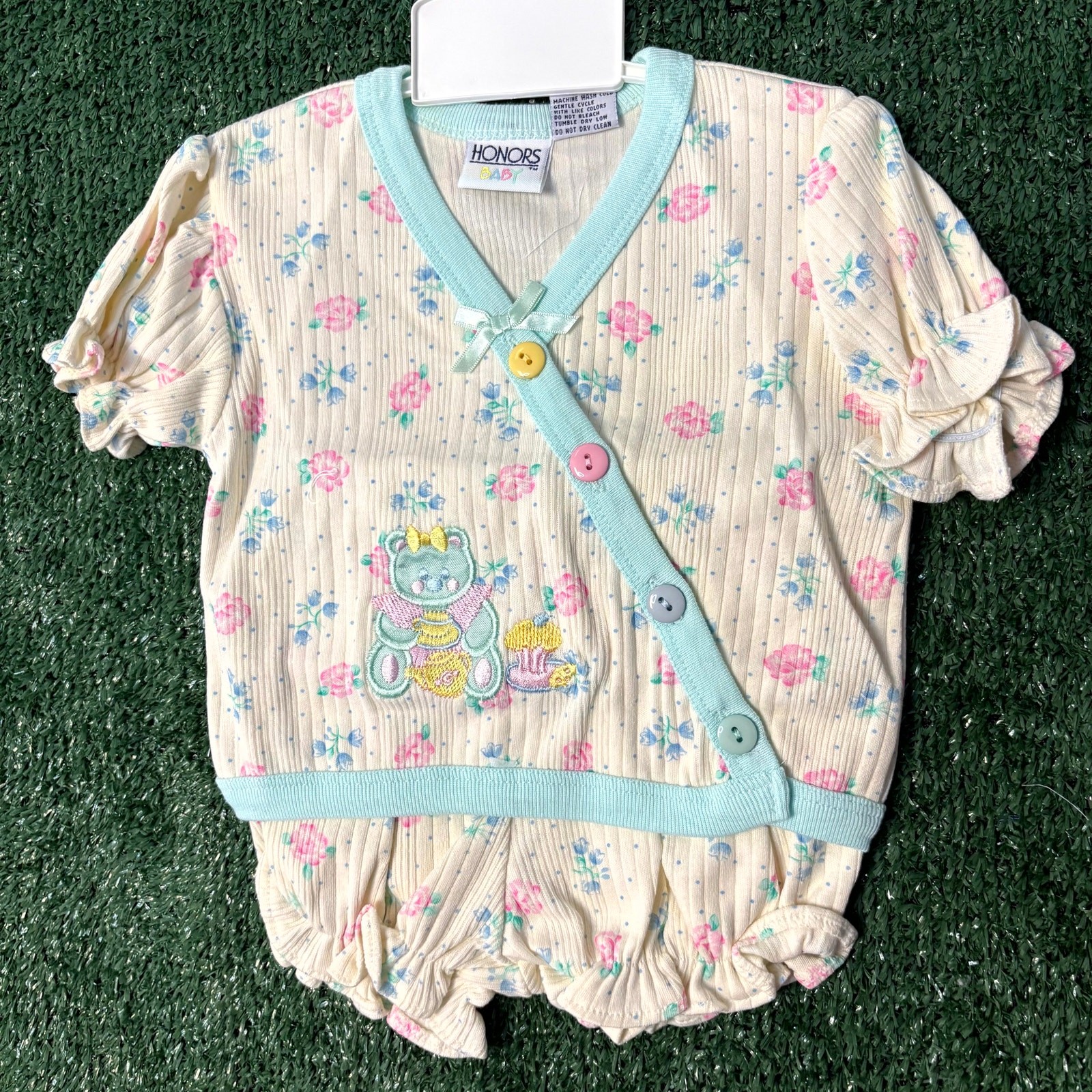 Vintage 90s Honors Baby Two-Piece Set Girls 3-6M Aqua Multi Floral Teddy Bear
