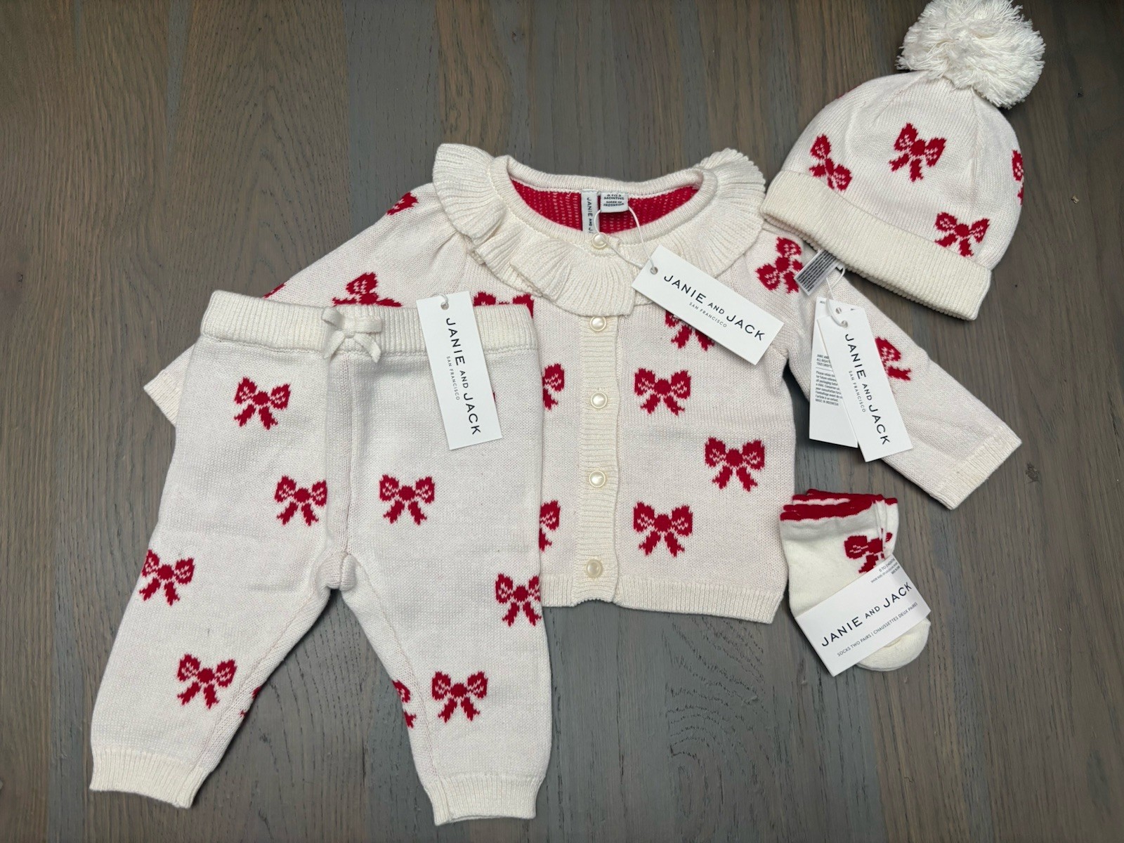NWT Janie and Jack girl WINTER HOLIDAY ivory bow Sweater 5-piece SET 0 3 6 9 12