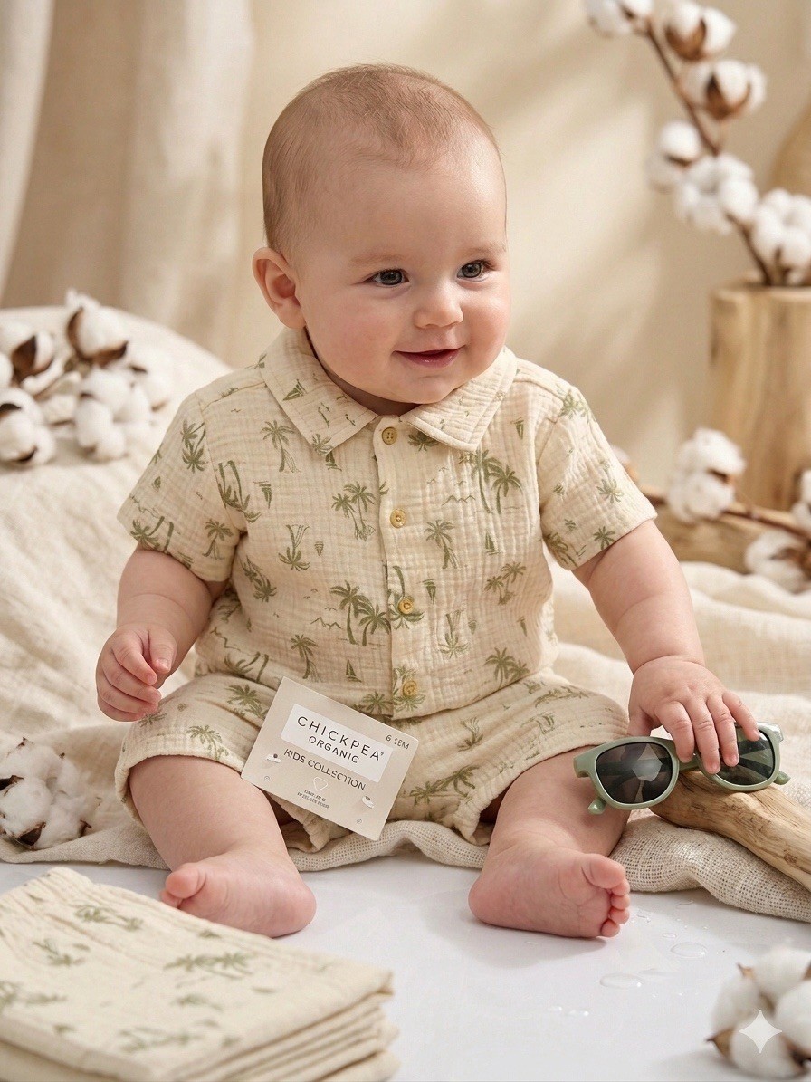 Chickpea Organic Palm Tree 3-Piece Summer Set 24M Shirt Shorts Sunglasses