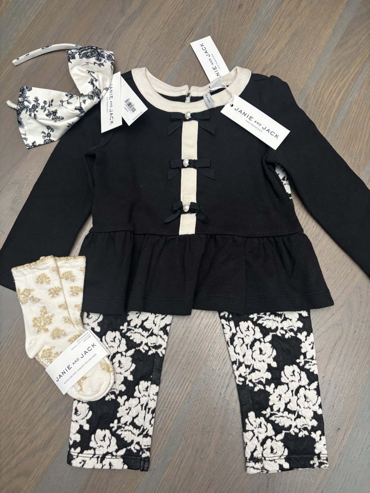 NWT Janie and Jack girl FALL 4-piece black white floral Pants bow SET 18 24