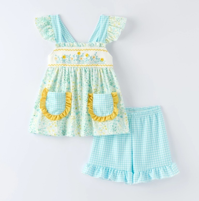 NEW Boutique Embroidered Floral Tunic Dress & Ruffle Shorts Girls Outfit Set