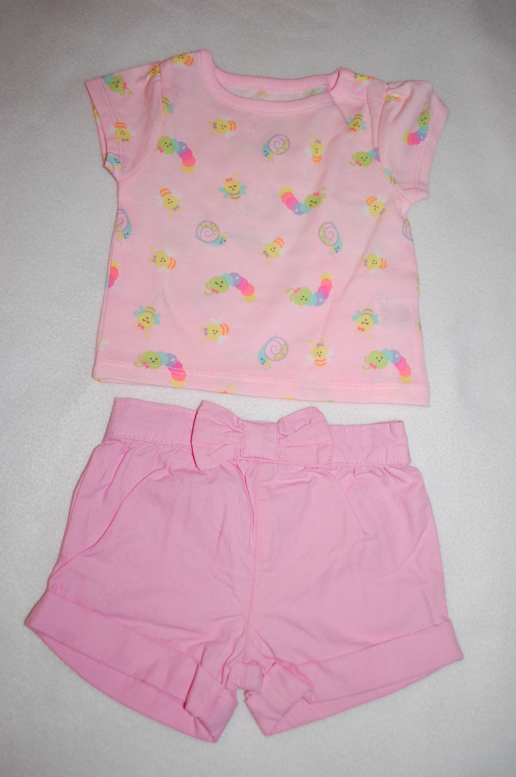 Baby Girls PINK S/S SHIRT Caterpillar Snail SHORTS W/ BOW ACCENT Cuffed 0-3 MO