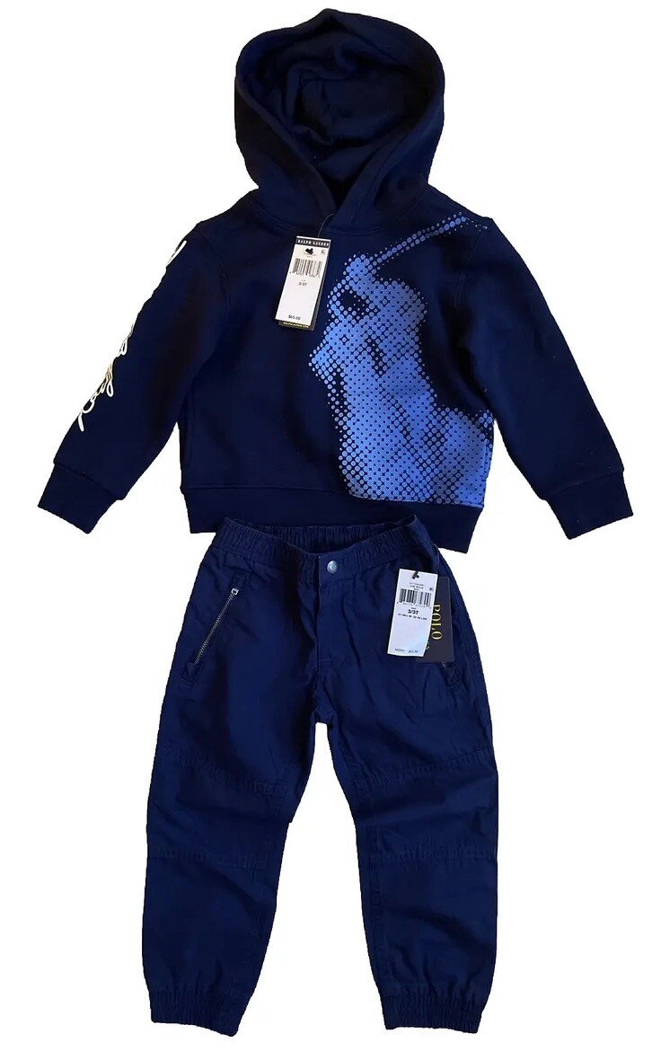 Polo Ralph Lauren Boys 3Toddler Navy w/Spotted Logo Pullover Hoodie & Pants NWT