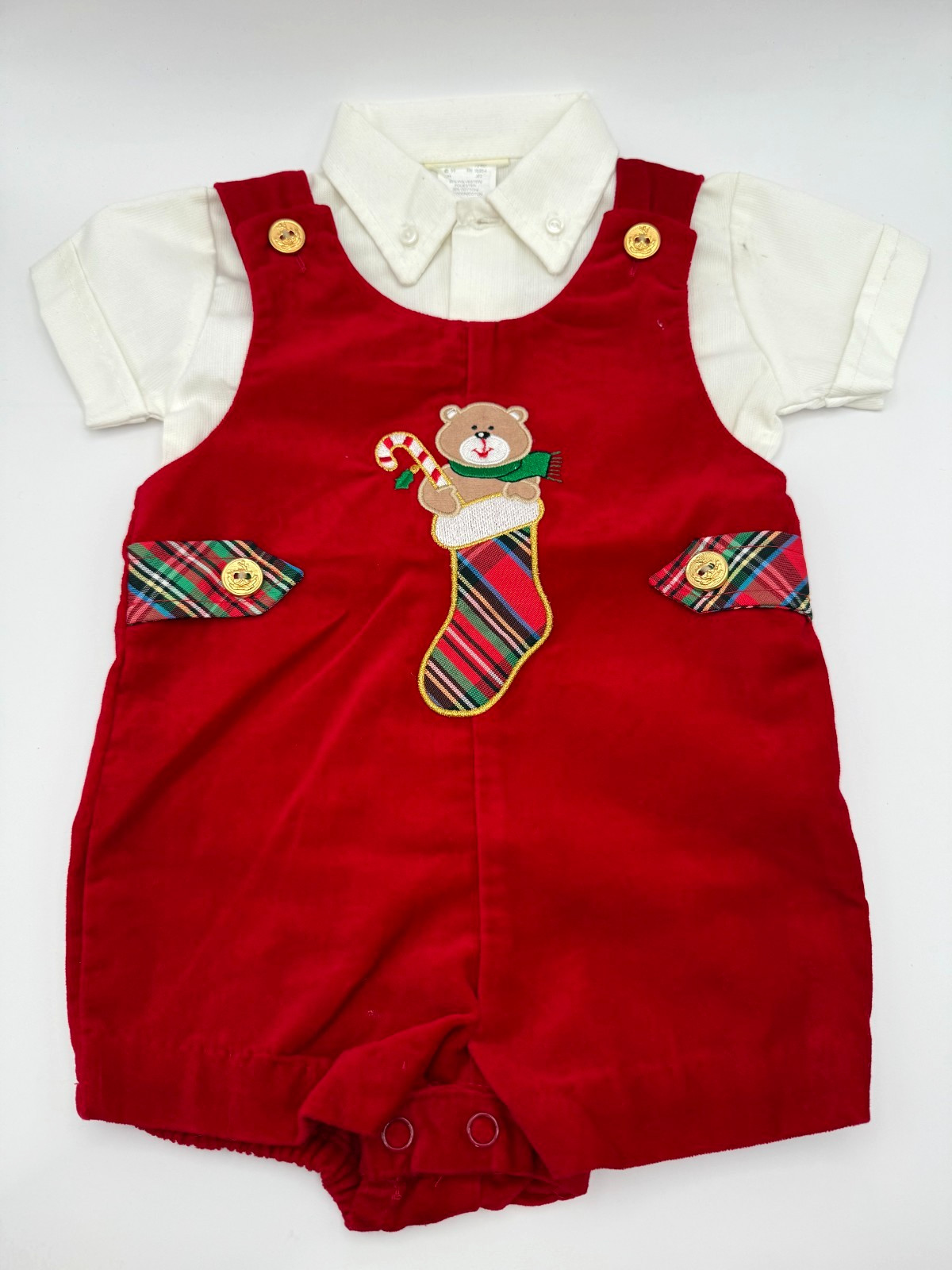 Baby Christmas Romper 3–6M Red Velvet Bear Stocking Appliqué Plaid Buttons