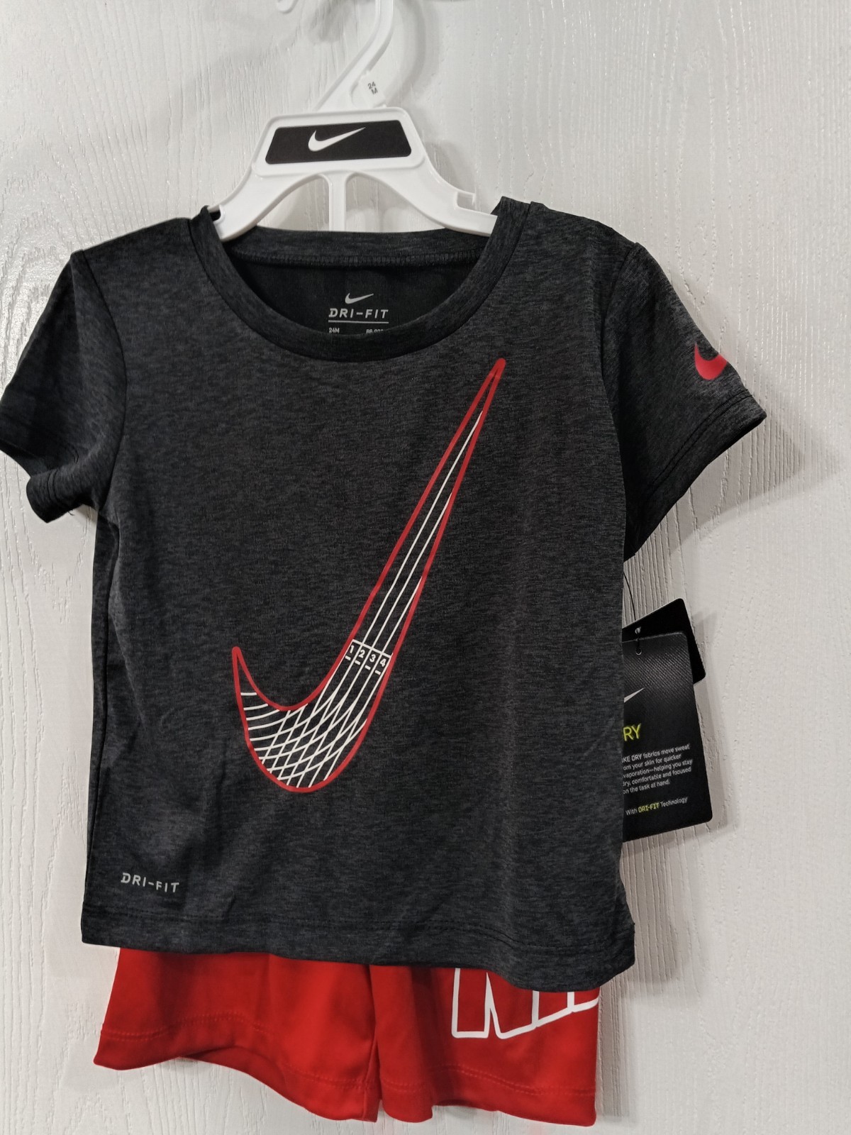 Nike Dri-Fit 2 Piece Set BIG SWOOSH T-Shirt & Shorts Gray & Red Size: 24 Months