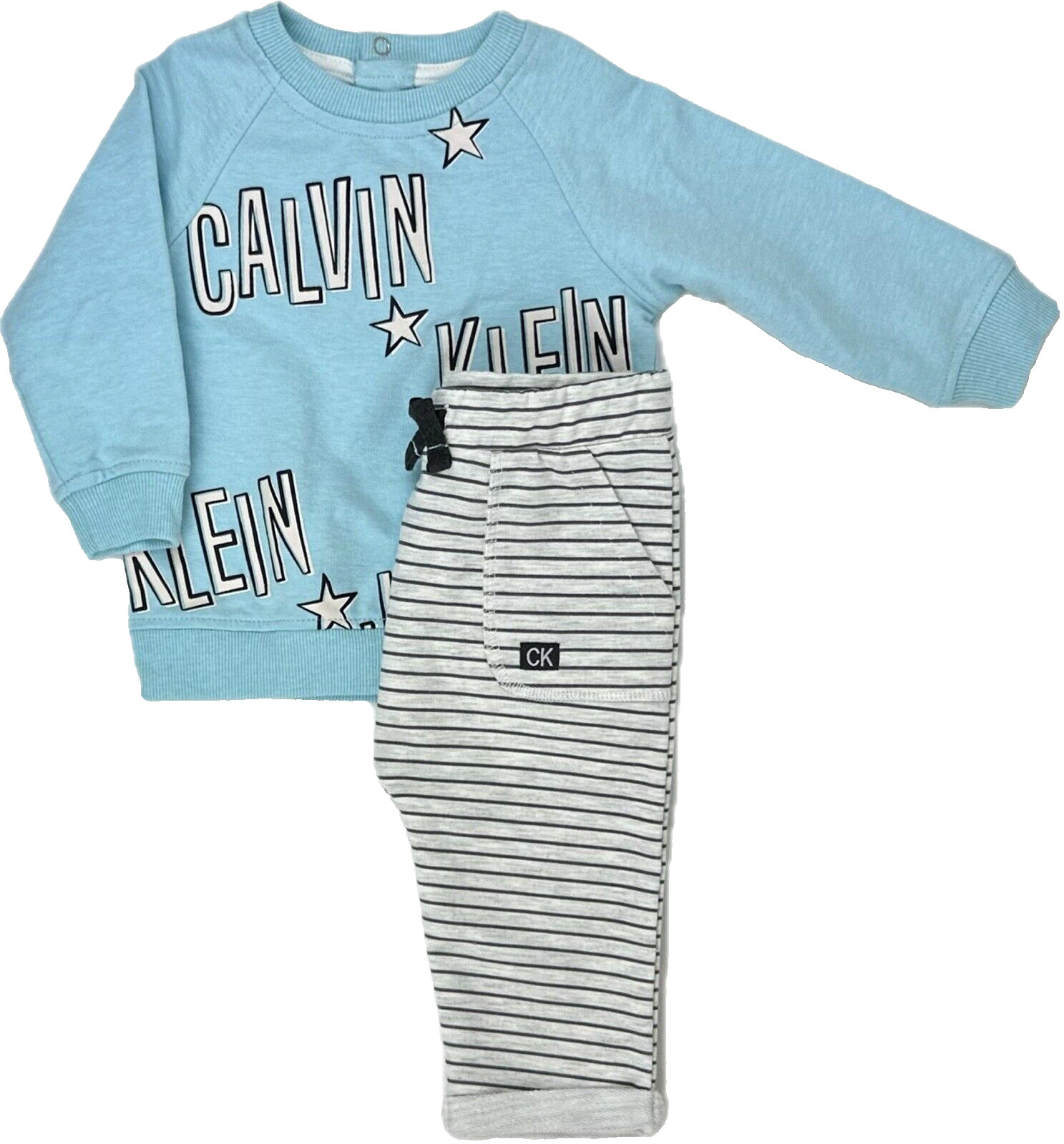 Calvin Klein Baby 2 Pc Blue Grey Cotton Logo Sweatshirt and Pants Set Sz 6-9 MO