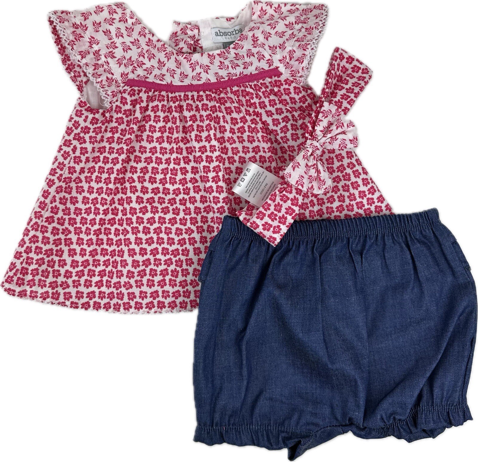 Absorba Baby 3 Pc Pink Blue Cotton Floral Shirt Head Band Bloomers Sz Set 0-3 MO