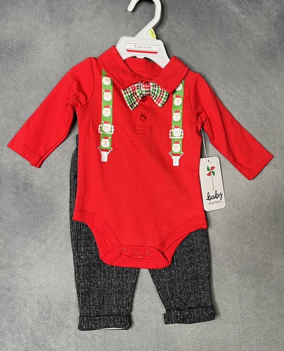 Baby Starters CHRISTMAS Outfit Set Top W/Bow Pants/Bottom Baby Boy Size 3 Mo