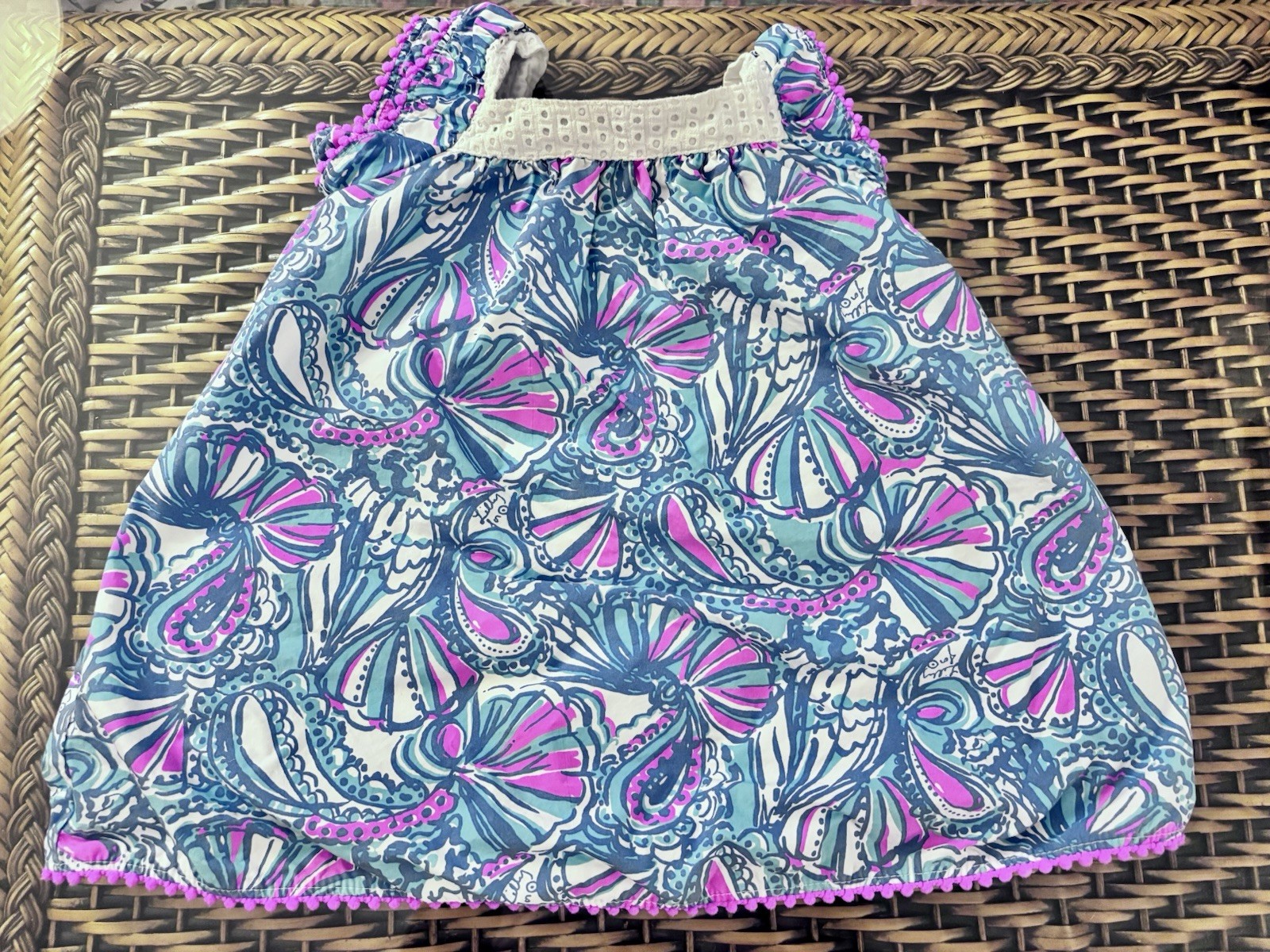 Lilly Pulitzer Girls 2T Blue Pink Floral Sleeveless Cotton Pom Pom Dress Set