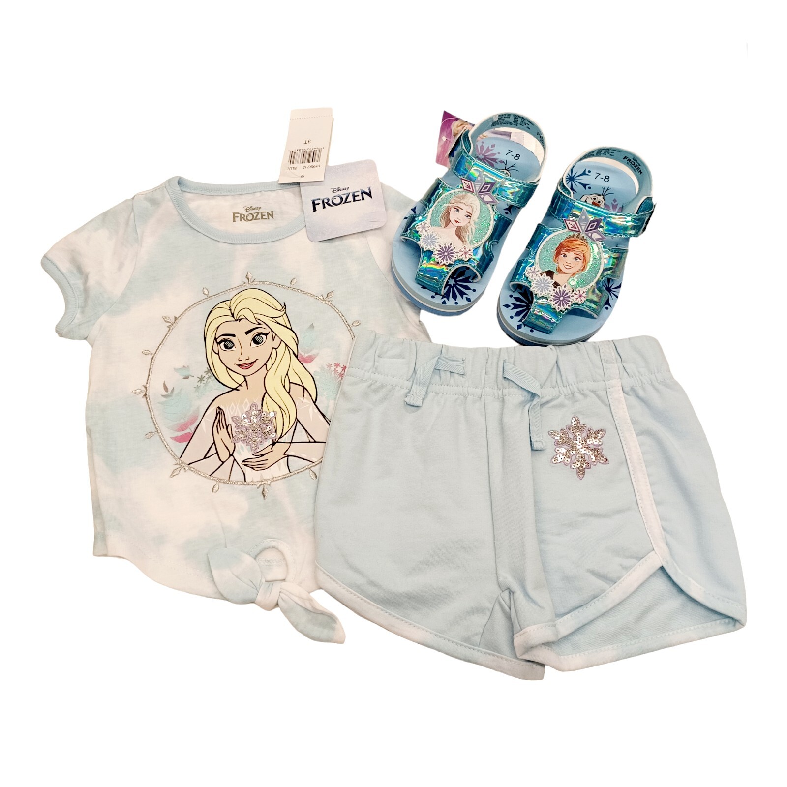 Disney Frozen Elsa Blue Short Set 3T w/Closed Toe Fisherman Sandals 7/8
