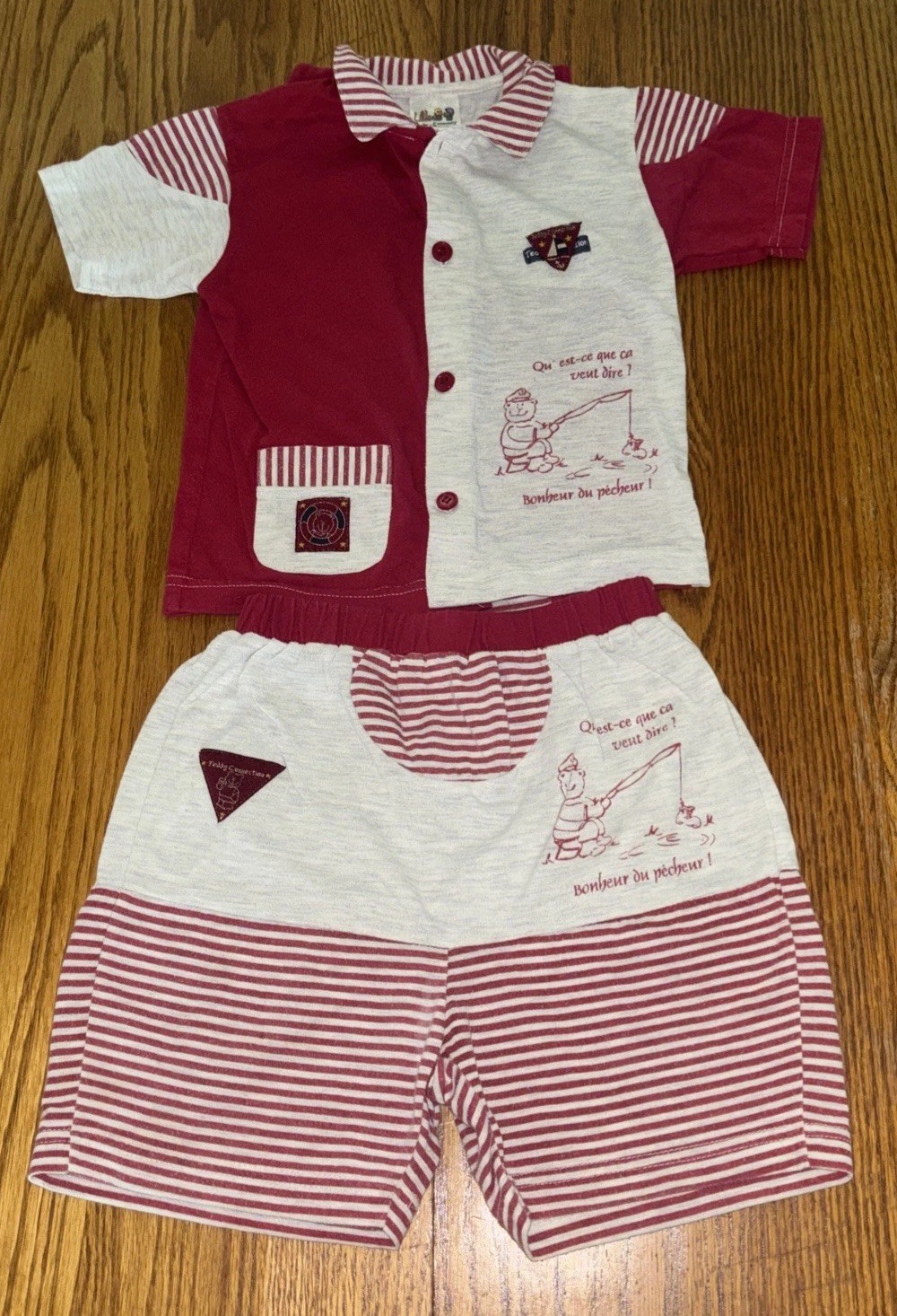 Vtg French Clothing Little Baby Co Short Set W/Fishing Bear Size 92 2T Good Fish