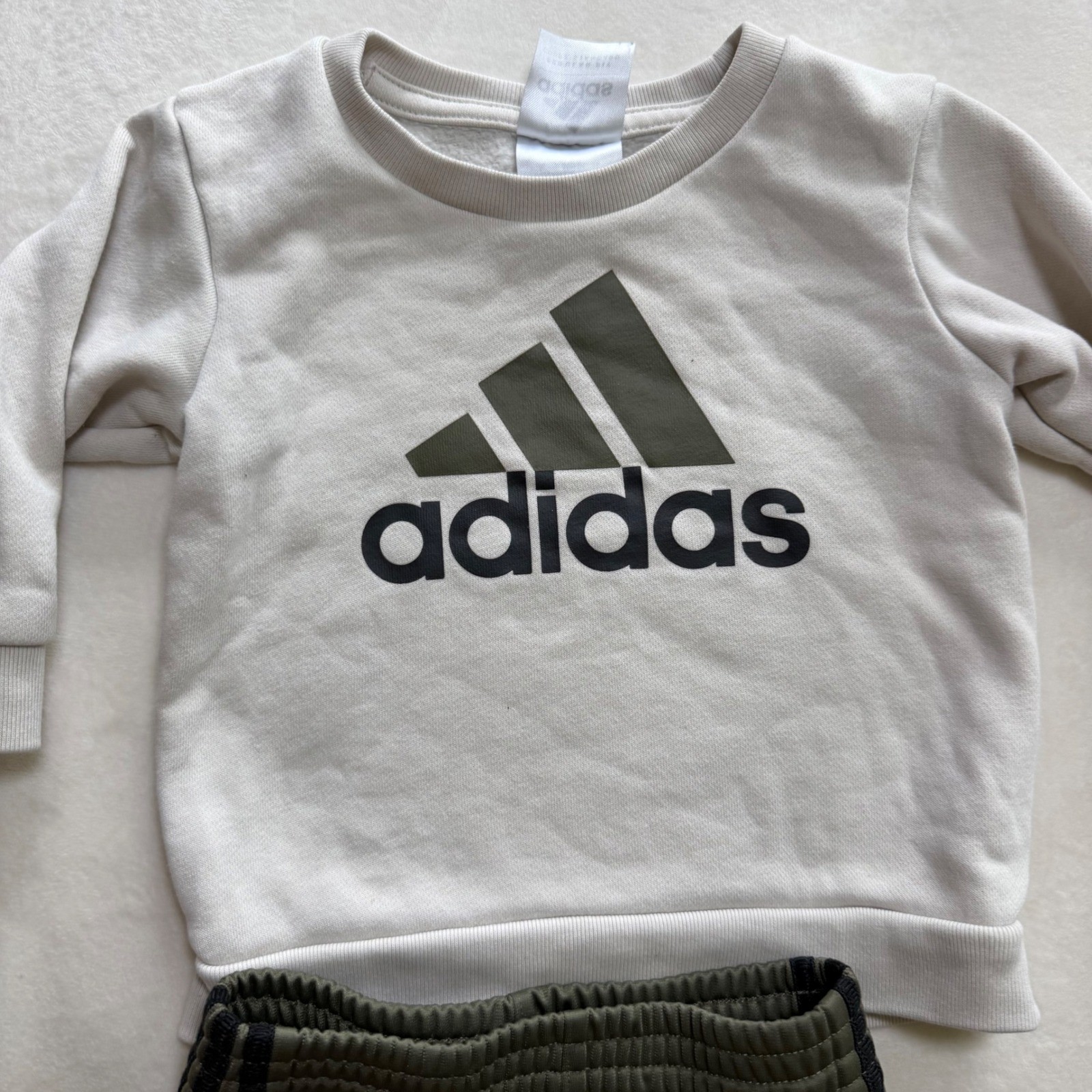 Adidas Sweatshirt and Joggers Set Baby Boys 12M Cream Olive Green Sporty Outfit