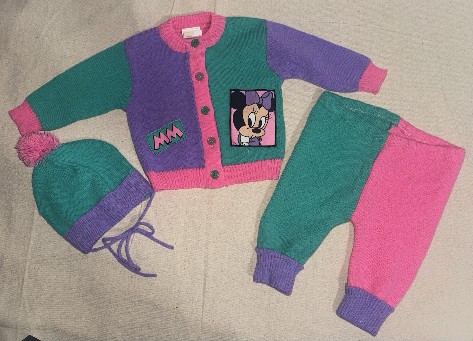 1984 Vtg Disney Babies Minnie Mouse Knit ColorBlock Cardigan Pants Hat Set 0-6M