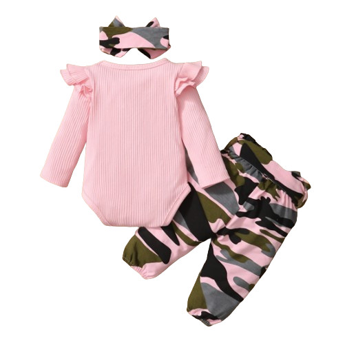 Newborn Baby Girl Long Sleeve Bodysuit + Camo Pants + Headband 2PCS Cotton Set