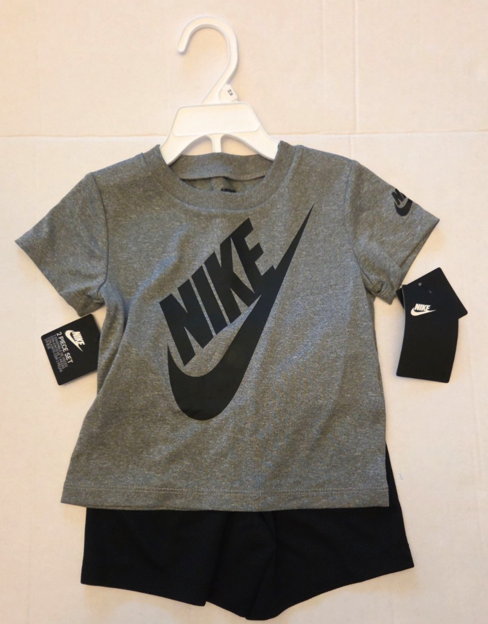 NEW 18 Month 18M Nike Toddler 2 Piece Outfit Gray Logo T-Shirt Black Shorts Set