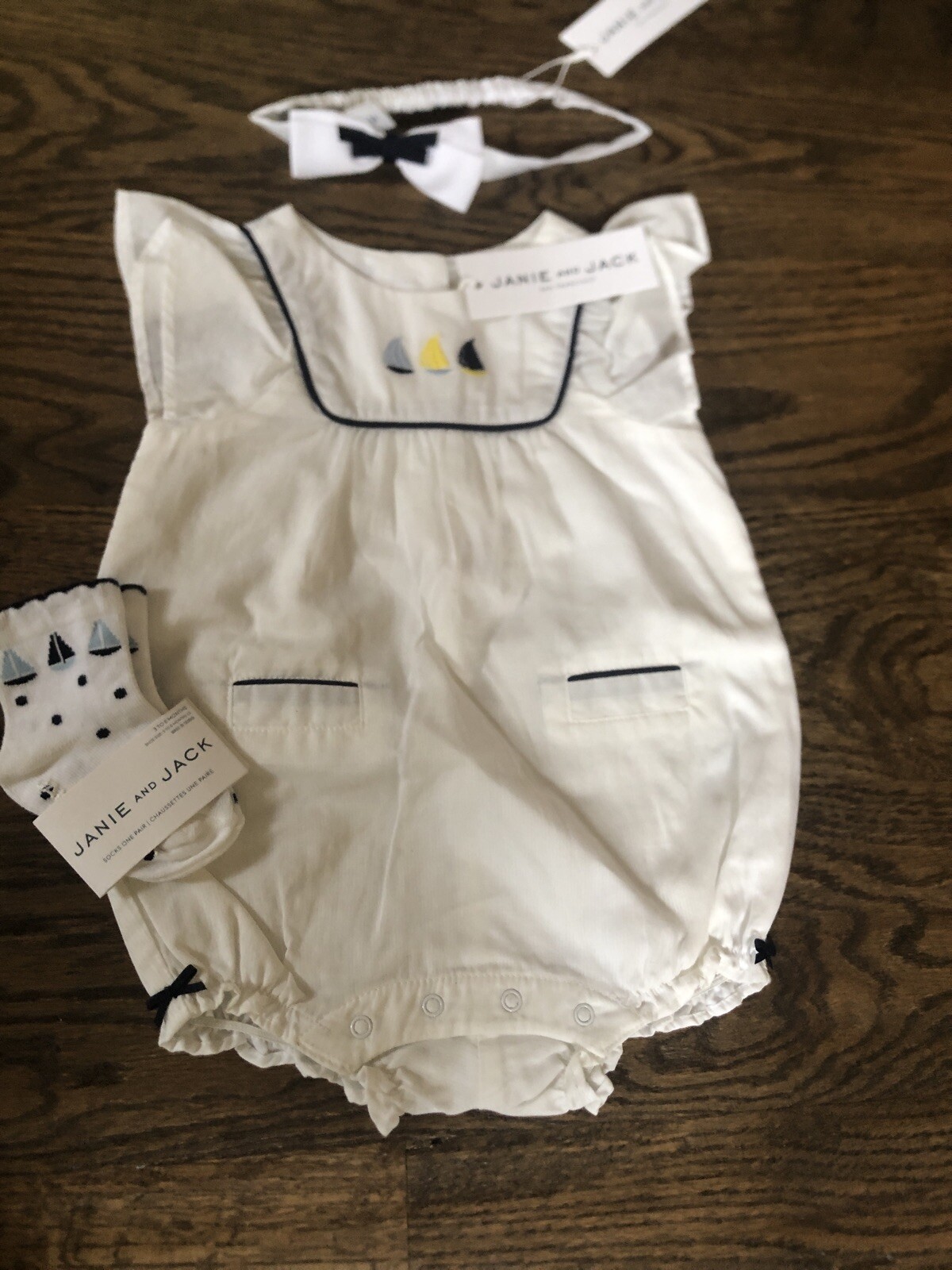 NWT Janie and Jack girl SUMMER 3-piece sailor boat white romper bow SET 12 18