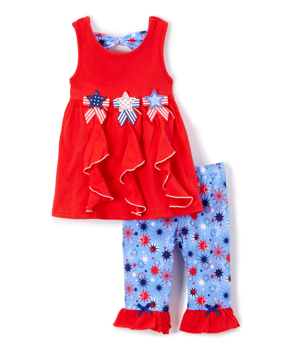 NWT Nannette 4th of July Patriotic Ruffle Star Tunic Leggings Outfit Set