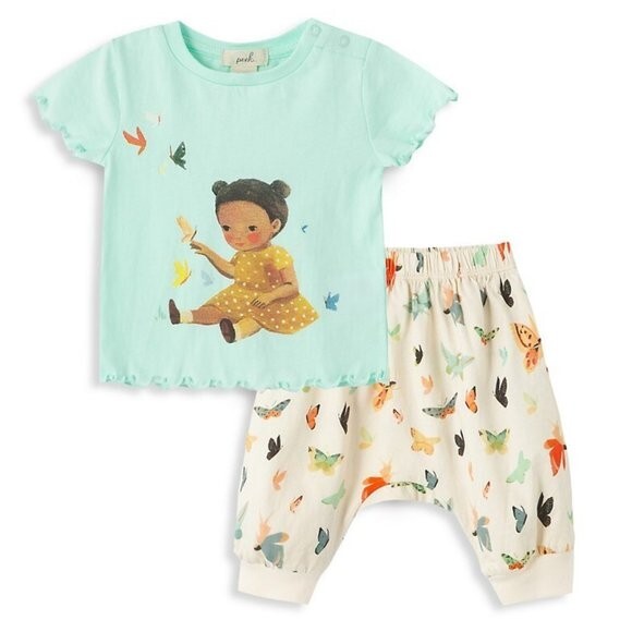 NEW Peek x Dreamworld POC Baby Butterfly Graphic Mint Shirt & Cream Jogger Pant