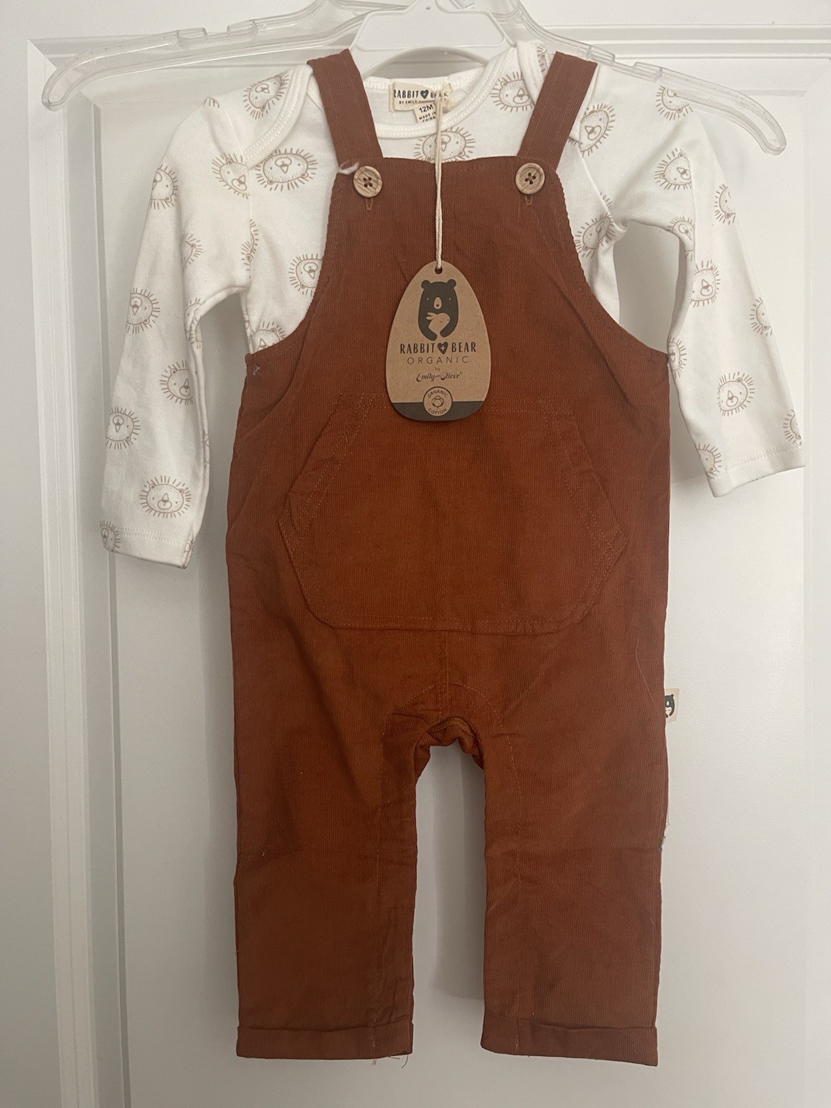 Rabbit + Bear Organic Baby Overall Set 12M ~ Rust Corduroy & Bodysuit ~ NWT NEW