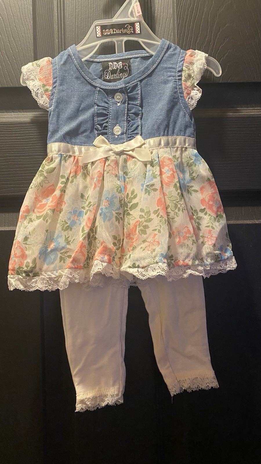 DDG Darlings 2pc Girls Floral Denim Top & White Pants Set 3-6 Months