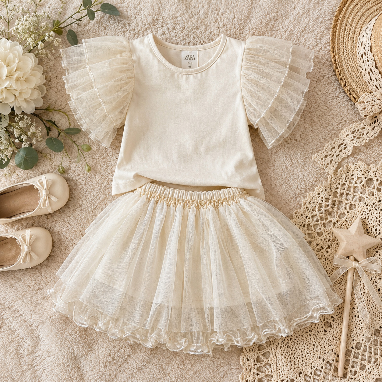 Zara Girls Tulle Tutu Set Cream Ruffle Outfit Birthday Baptism 2-3Y