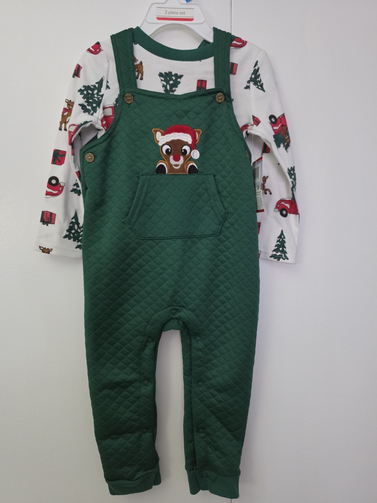 Rudolph 2 Piece Outfit Set Overalls Shirt Size 24 Months NWT Green White Red