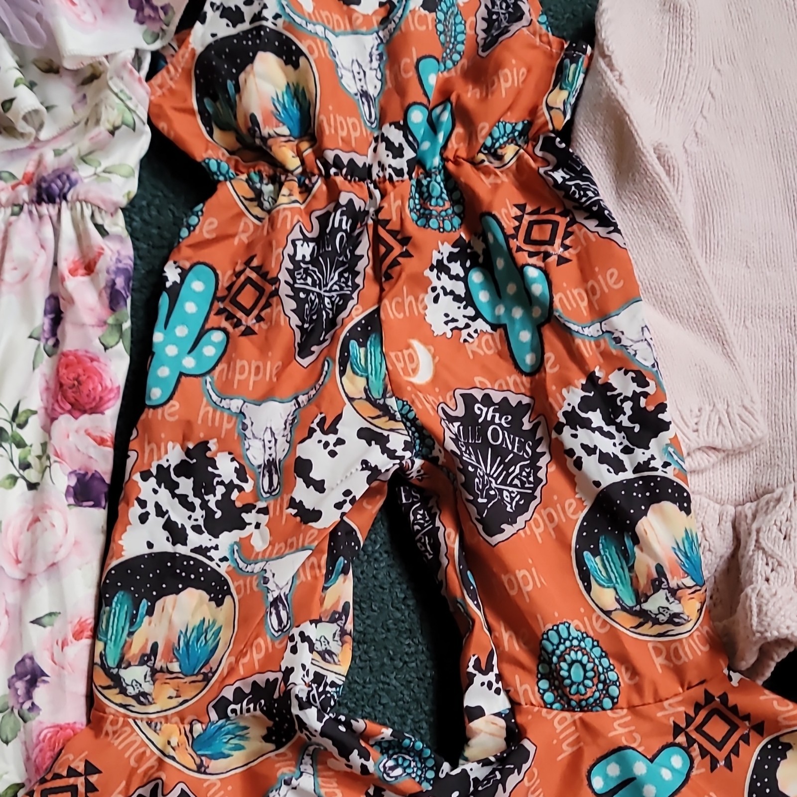 Girls Multicolor 4 Piece Outfit Set Romper Dress Top Pants Floral Western Ruffle