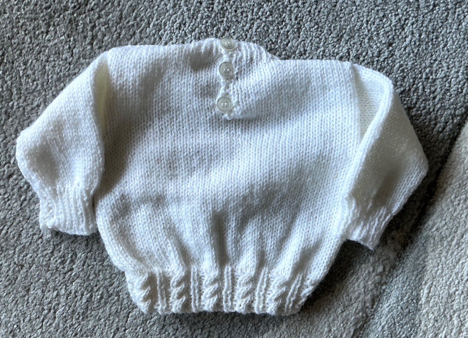 HAND KNITTED BY ME – FIRST JUMPER ~ WHITE ACRYLIC ~ LENGTH 9” ~ CHEST 18” ~NEW