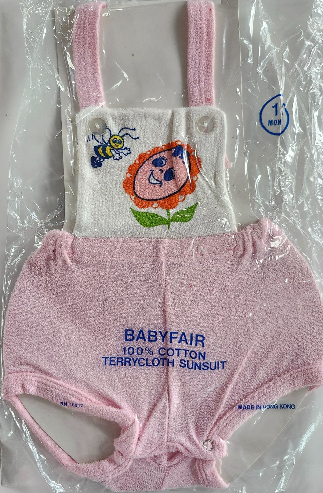 Vintage 1970s Babyfair Terrycloth Sunsuit Pink Flower Bee Romper 1 Month NOS