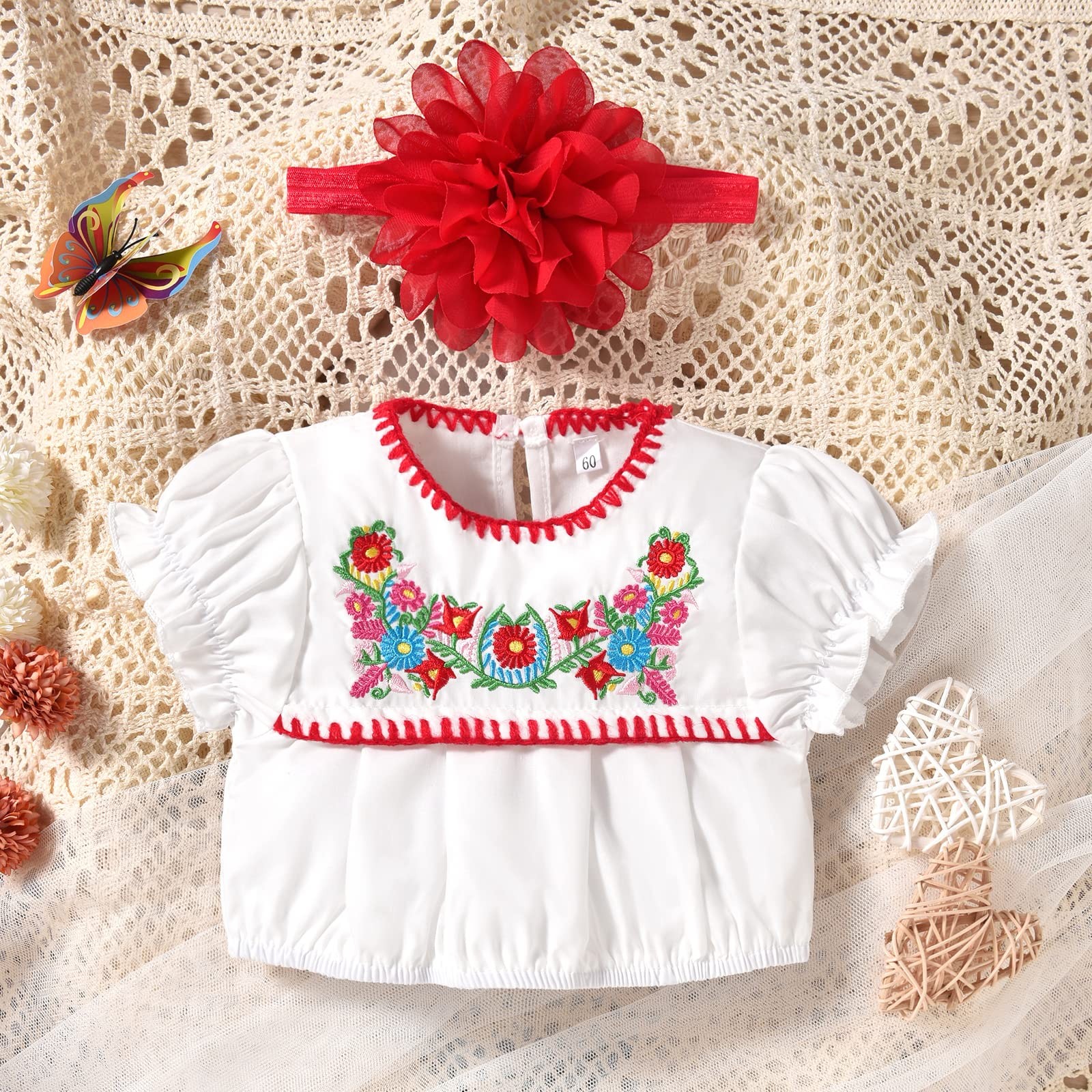 3 Month Infant Baby Girl Mexican Ethnic Embroidery Floral Shorts Clothes Set …