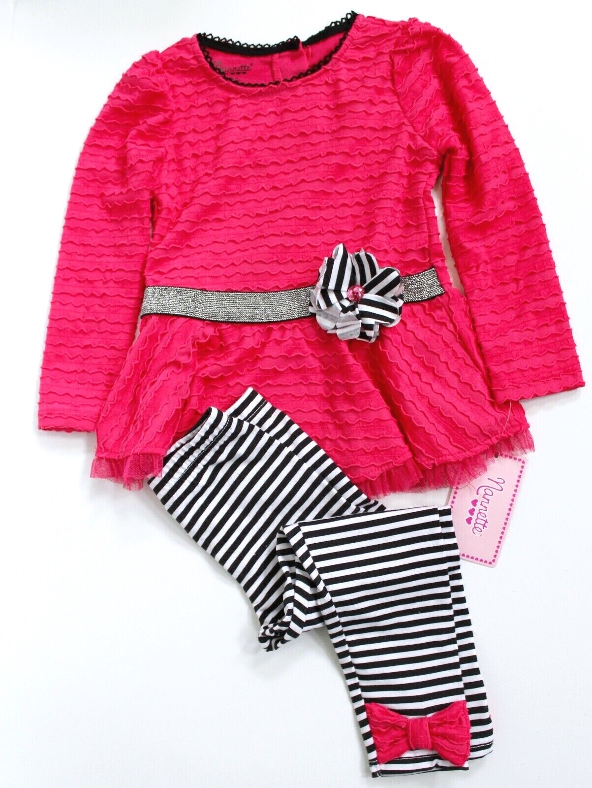 Nanette Girls 2-Piece Long Sleeve Peplum Top & Bow Leggings Set Pink Size 3T NEW