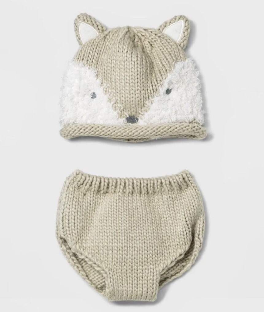Cloud Island Baby Fox Hat and Diaper Cover Set in Beige/White, 0-6 Months