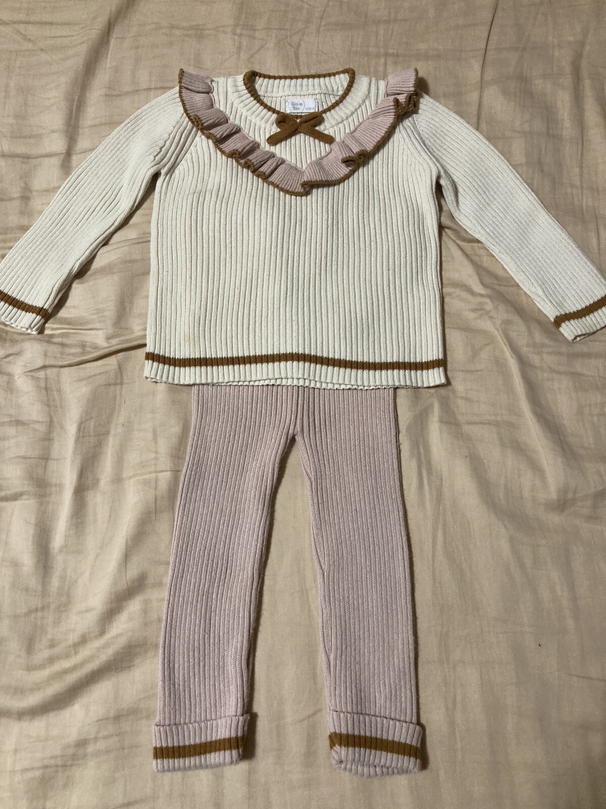 TUN TUN Baby Girl Set Rib Knit 2 pc 12-18 months Ivory & Pink EUC Adorable!