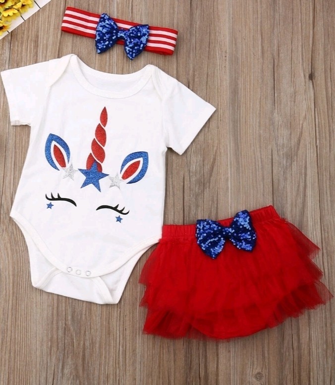 NWT Baby Girls Unicorn 4th of July Bodysuit Ruffle Tutu Bloomers Headband Outfit