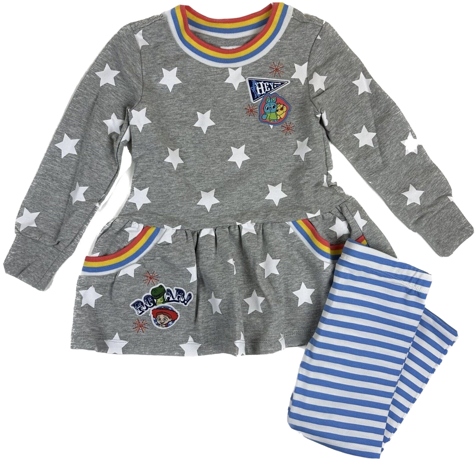 Disney Toddler 2 Pc Grey Blue Cotton Stripe Stars Toy Story Tunic Pants Set Sz 3