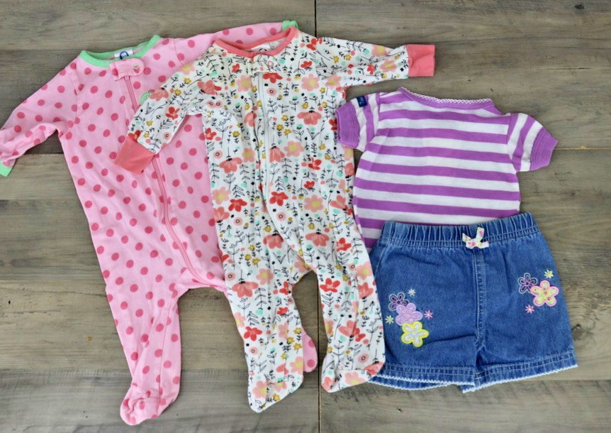 Baby Girl 0-3 Months Clothing Bundle Sleepers Top Denim Shorts 4 Pieces