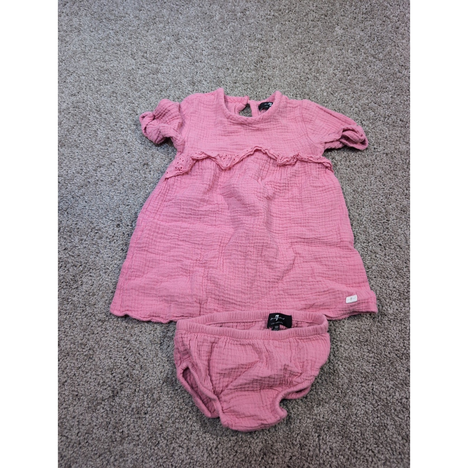 7 For All Mankind Baby Pink Gauze Dress & Bloomer Set 18M Ruffled Trim