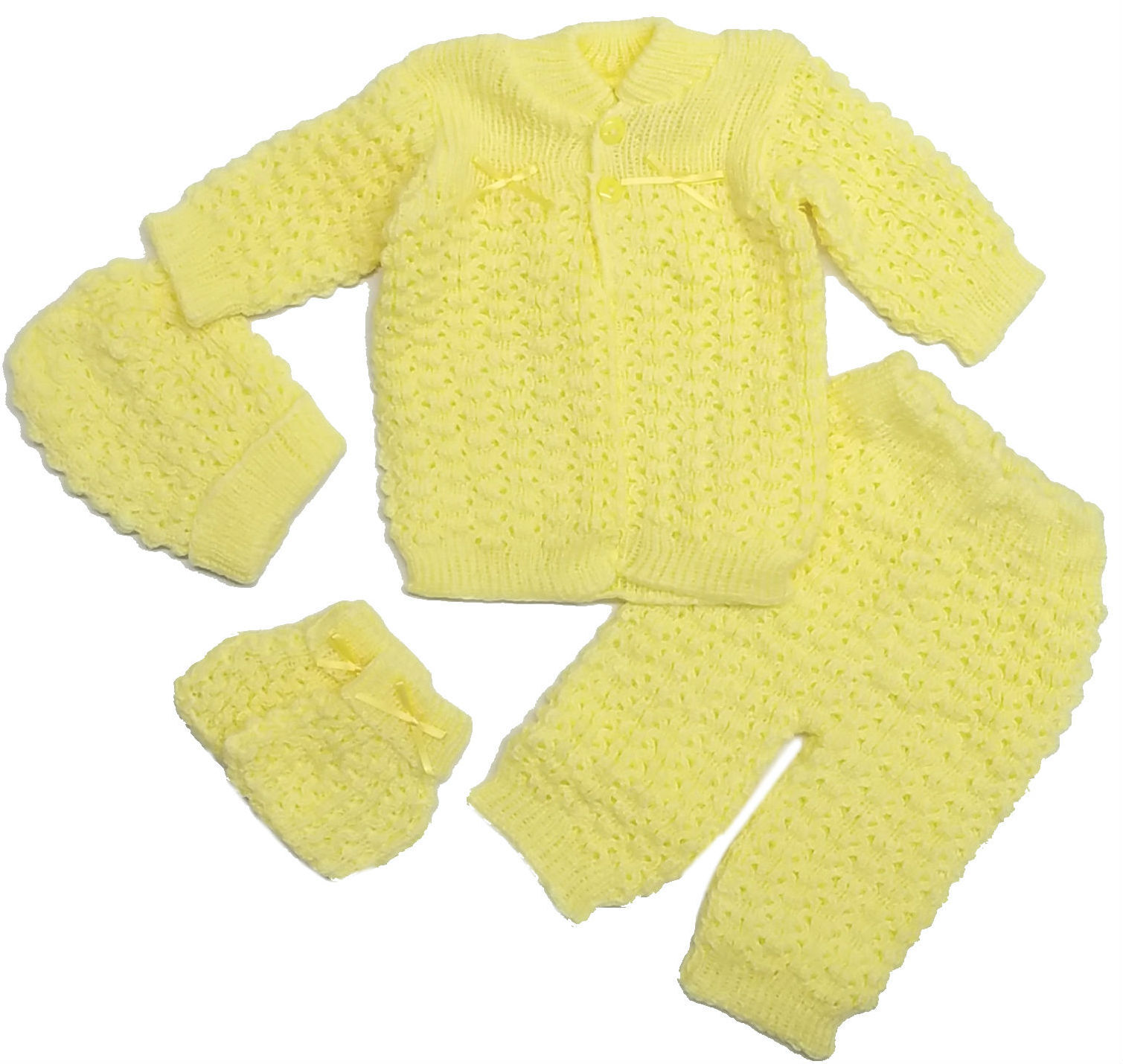 Baby Crochet Boy Blue Hat and Cardigan Sweater Pants Booties 4 Piece Outfit Set